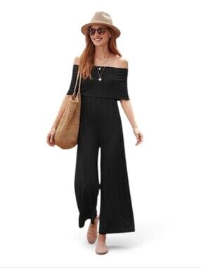 Lou & Grey Black Off Shoulder Jersey Wide Leg Jumpsuit Size Fits XS/S/M